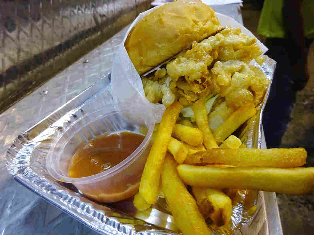 The house — or truck — specialty is kabiraji. It's usually a minced chicken or mutton cutlet deep-fried in a nest of egg, a sinfully beloved Kolkata favorite. Agdum Bagdum marries it with an American-style hamburger. The house — or truck — specialty is kabiraji. It's usually a minced chicken or mutton cutlet deep-fried in a nest of egg, a sinfully beloved Kolkata favorite. Agdum Bagdum marries it with an American-style hamburger.
