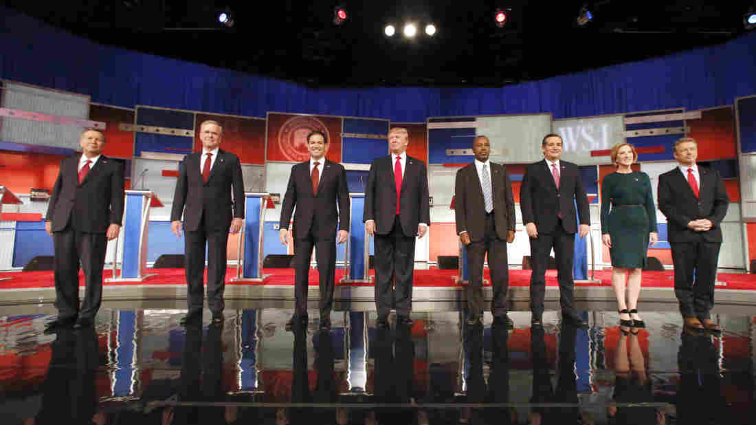 Candidates take the stage before the Republican presidential debate hosted by Fox Business News in Milwaukee on Tuesday.