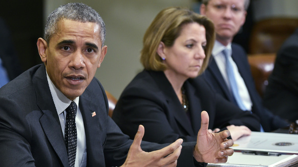 President Obama meets with members of his national security team and cybersecurity advisers in February. Homeland security adviser Lisa Monaco and Office of Management and Budget Director Shaun Donovan are at right.